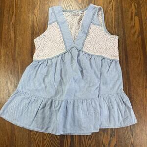 See And Be Seen Blue Gingham Babydoll Tank Top Lace Floral Rose Bodice Sz Small